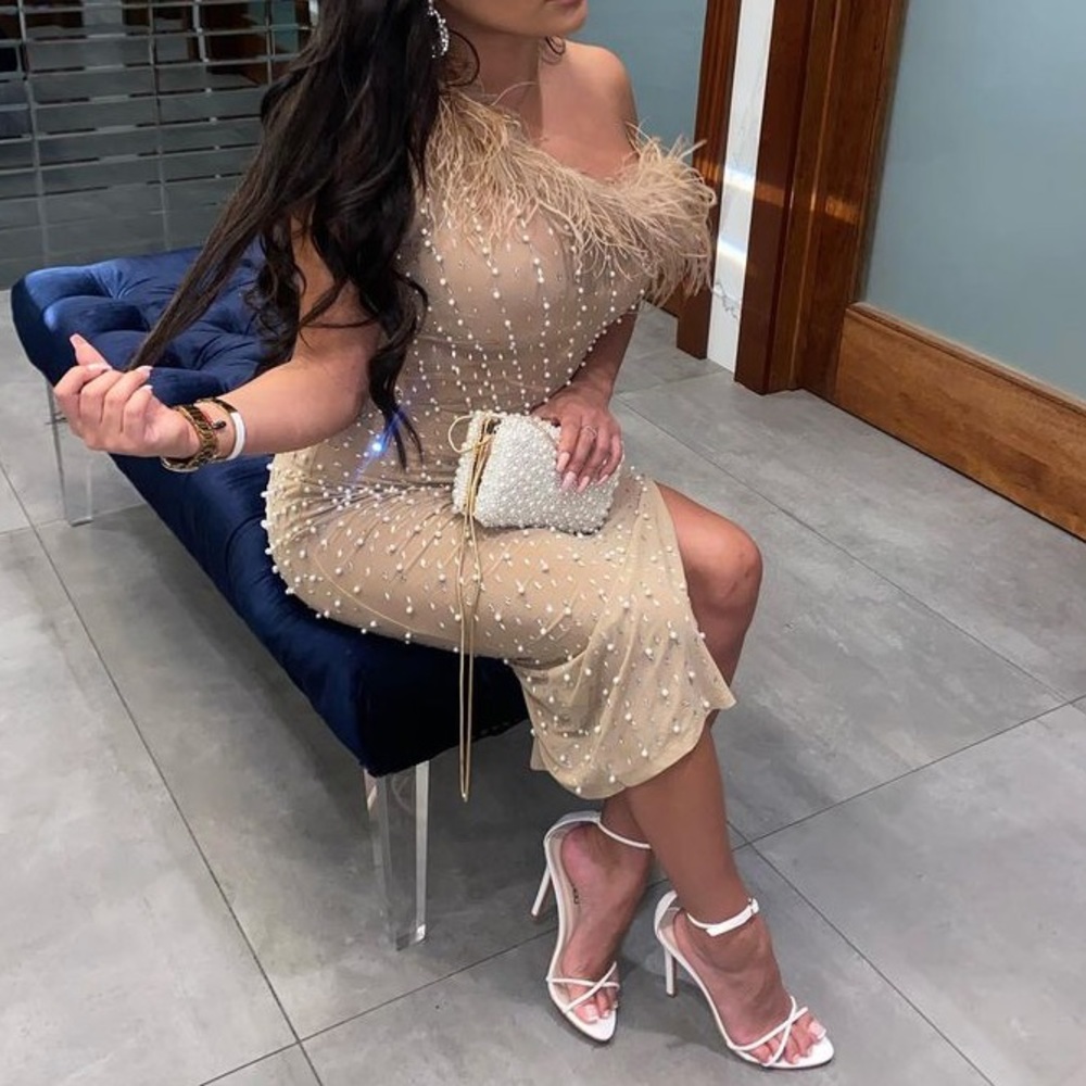 Nude Double Lined Pearl & Diamond Dress